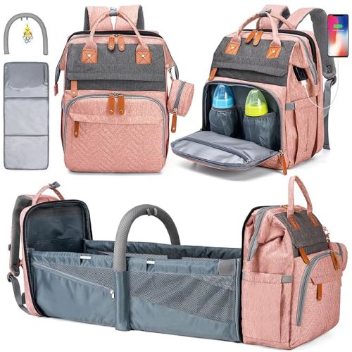 Diaper Bag Backpack, Large Baby Diaper Bags for Boys Girls, Baby Bag with USB Charging Port, Multifunction Waterproof Travel Back Pack for Moms Dads, Pink Grey