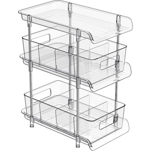 3 Tier Clear Bathroom Organizer with Dividers, Multi-Purpose Pull-Out Pantry Organization and Storage, Under Sink Closet Organizers and Storage, Vanity Skincare Cosmetic Organizer Medicine Bins