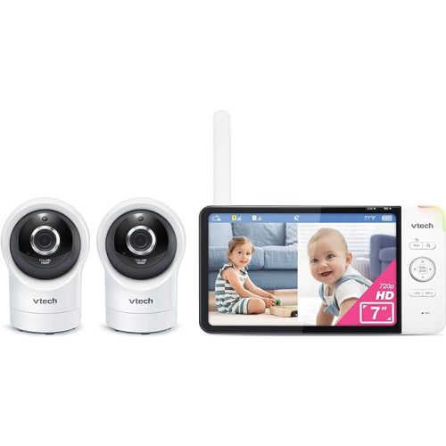 VTech RM7764-2HD 1080p Smart WiFi Remote Access 2Camera BabyMonitor, 360° Pan&Tilt, 10X Zoom, 7” 720p HD Display & NightVision, Soothing Sounds, 2-Way Talk, Temperature&Motion Detection, iOS&Android - 2 Camera