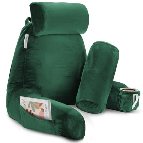 Clara Clark Reading Pillow with Shredded Memory Foam Includes 2 Neck and Lumber Support Pillows, Designed for Sitting Up in Bed and Couch Back and Arms Adjustable Support for Adults & Teens Dark Green