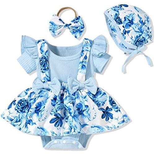 Unutiylo Preemie Newborn Baby Girl Clothes Romper Suspender Dress Summer Outfits Ruffle Short Sleeve Set