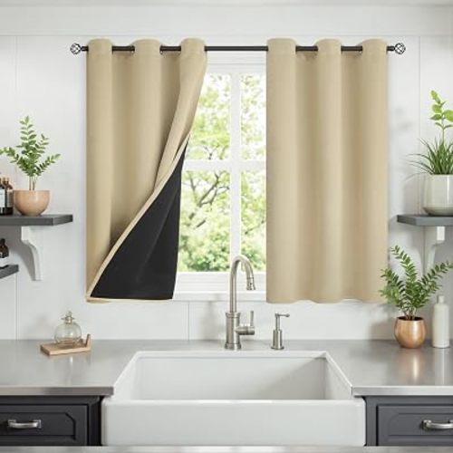 YoungsTex Beige Blackout Curtains 40 Inches Long for Kitchen Window, Short Thermal Insulated Black Out Drapes Room Darkening with Black Backing for Bedroom, 2 Panels, 42 x 40 Inch