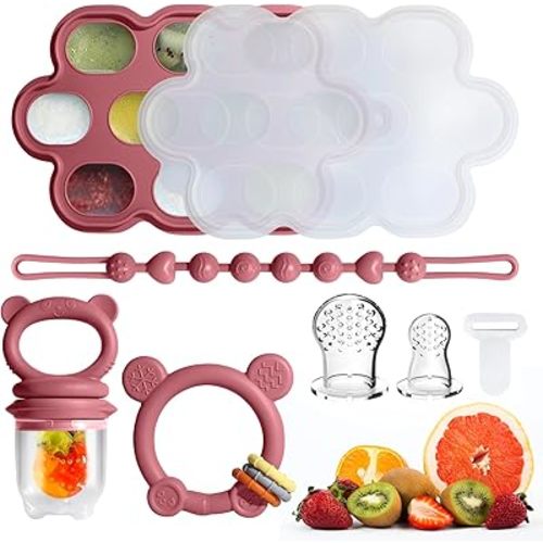 Baby Fruit Food Feeder & Breastmilk Popsicle Molds for Teething Relief, Baby Feeding Sets, 1 Freezer Tray with Lid & 1 Teether Toy & 1 Silicone Teething Pacifier Feeder, Extra Food Pouches (Red)