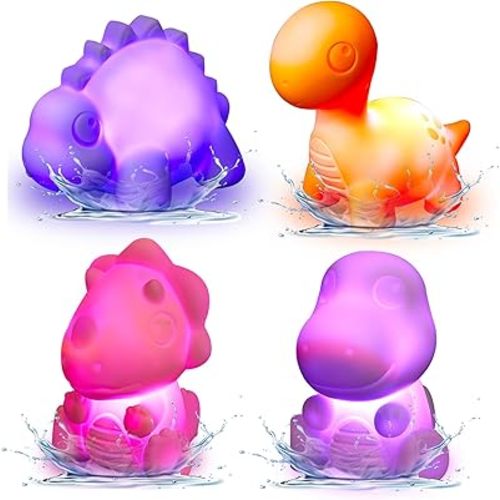 4 Packs Light-Up Floating Dinosaur Bath Toys, Flashing Color Changing Light in Water, Automatic Power Off Bath Light Up Toys , for Baby Toddler Nephew in Birthday Christmas Easter Gifts Ideas