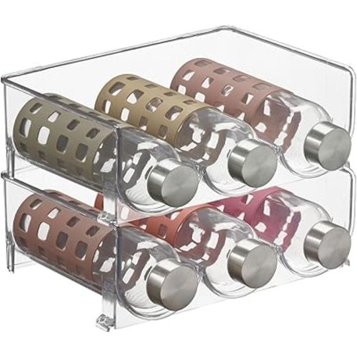 mDesign Stackable Plastic 3 Bottle Refrigerator Wine Rack - Kitchen Storage Organizer for Champagne, Wine or Water Bottles - Stacking Wine Organizer for Fridge - Ligne Collection - 2 Pack - Clear