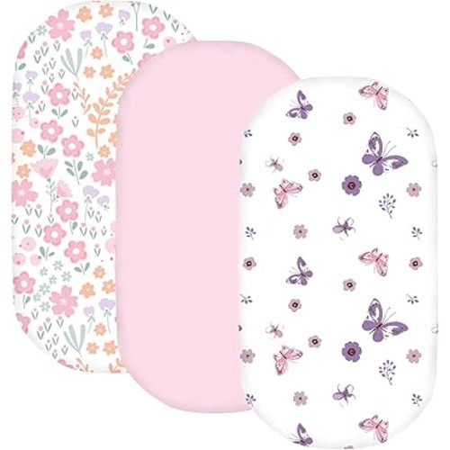 Little Grape Land Bassinet Sheet, 3 Pack Bassinet Sheets for Baby Boys Girls, Soft Baby Bassinet Fitted Sheets for Bassinet Mattress, Size 33 x 18 x 4 Inches, Floral/Pink/Butterfly