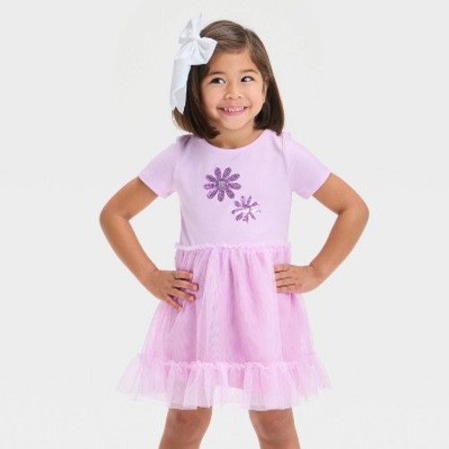 Toddler Girls' Daisy Tulle Dress - Cat & Jack™ Light Purple 12M: Floral Mesh Short Sleeve Pullover