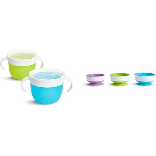 Munchkin® Snack™ Catcher Toddler Snack Cups, 2 Pack, Blue/Green & Stay Put™ Suction Bowls for Babies and Toddlers, 3 Pack, Blue/Green/Purple