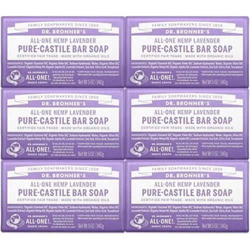 Dr. Bronner's - Pure-Castile Bar Soap (Lavender, 5 ounce, 6-Pack) - Made with Organic Oils, For Face, Body and Hair, Gentle and Moisturizing, Biodegradable, Vegan, Cruelty-free, Non-GMO
