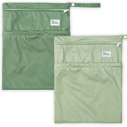 Nora's Nursery Wet Dry Bags with Two Zippered Pockets - Reusable and Washable Wet Bag for Swimming, Travel, Beach, Pool, Daycare, Cloth Diapers, Toiletries and Wet Swimsuits - 11x15 - Garden - 2 Pack