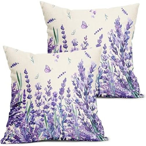 Kawani Spring Summer Floral Pillow Covers 18X18 Inch Purple Lavender Butterfly Flowers Decorative Pillow Cases Set of 2 Seasonal Holiday Throw Pillows Farmhouse Home Decor for Sofa Couch Cushion