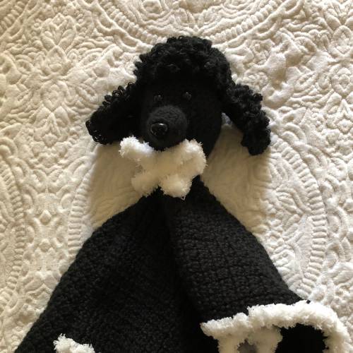 Crochet poodle lovey/security blanket or rattle for babies and toddlers. (Deafblind artist, see bio.)