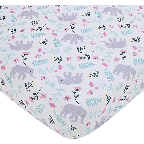 NoJo Carter's Floral Elephant White Multi Colored Super Soft Fitted Crib Sheet