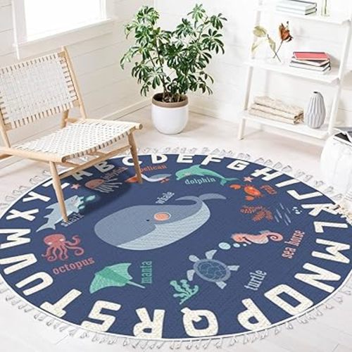 Ocean Theme Round Rugs ABC Rug Whale Alphabet Boho Area Rug Linen and Cotton Carpet Educational Rug Washable Hallway Runner Mat Neutral Accent Rug for Boys Girls Bedroom Nursery Playroom 4ft