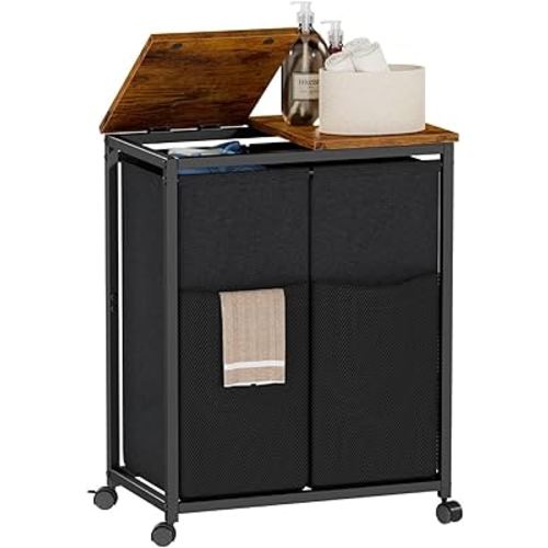 Furnulem Laundry Basket with Wheels, Rolling Laundry Hamper with Lids, 2-section Hampers for Laundry with Top Shelf, Double Laundry Sorter Cart for Laundry Room, Bathroom, Bedroom