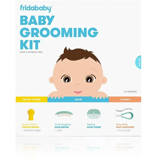 Frida Baby Grooming Kit Includes Finger Brush with Storage Stand Hair Brush with Case Styling Hair Comb Easy Grip Nail Scissors with Nail File and Case