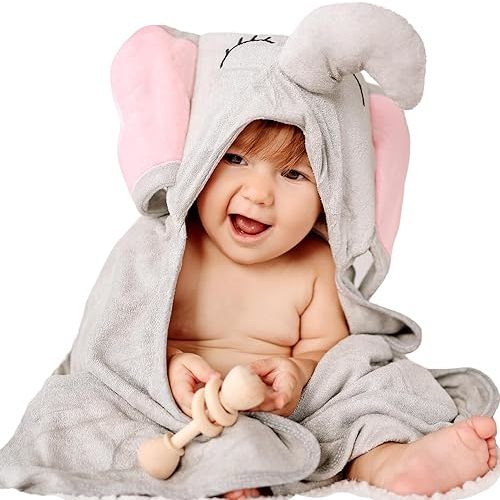 Hooded Baby Towel - Ultra Soft & Absorbent Rayon derived from Bamboo - Cute Animal Design - Large 35.4 x 35.4 inches - Perfect for Newborns & Toddlers - Elephant
