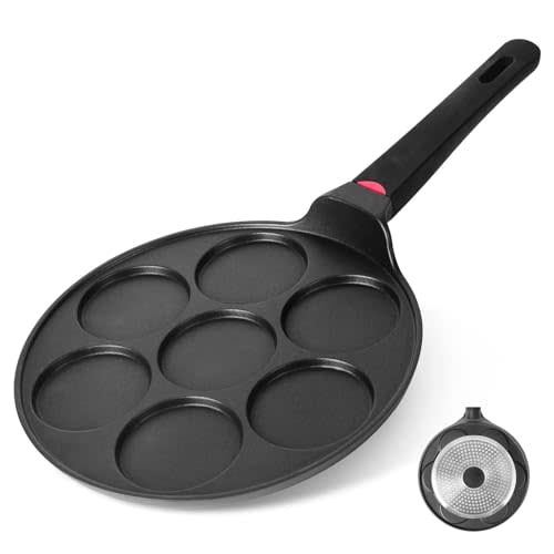 CAINFY Pancake Pan Maker Nonstick Induction Compatible, 10.5 Inch Mini Non Stick Silver Dollar Grill Blini Griddle Crepe Pan,7 Molds Cake Egg Cooker Skillet for Kids Gifts