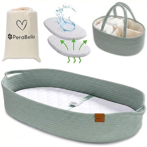 Baby Changing Basket for Baby Dresser, Moses Basket for Babies, Cotton Rope Diaper Changing Basket, Unisex Baby Moses Basket, Foam Diaper Changing Pad for Dresser, Changing Table Topper for Dresser