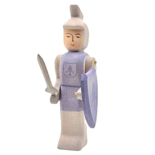 Handcrafted Open Ended Wooden Toy Figure Fairy Tale - Knight standing blue with sword