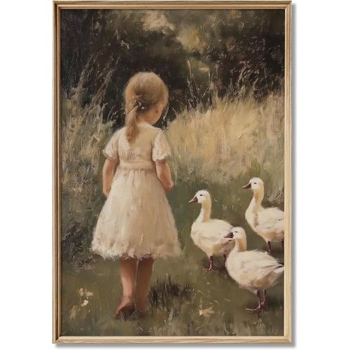 Vintage Landscape Wall Art Canvas Goose Girl Print Country Animal Pictures Vintage Duck Poster Moody Nature Painting Portrait Vintage Animal Artwork Antique Farm Pictures For Room 16x24inch No Frame