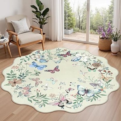 Rugalia Scalloped Butterfly Round Rugs 4ft, Washable Boho Circle Rug for Girls Bedroom, Soft Non-Slip Botanical Nursery Circular Carpet, Beige Floral Throw Rug for Kids Room Living Room