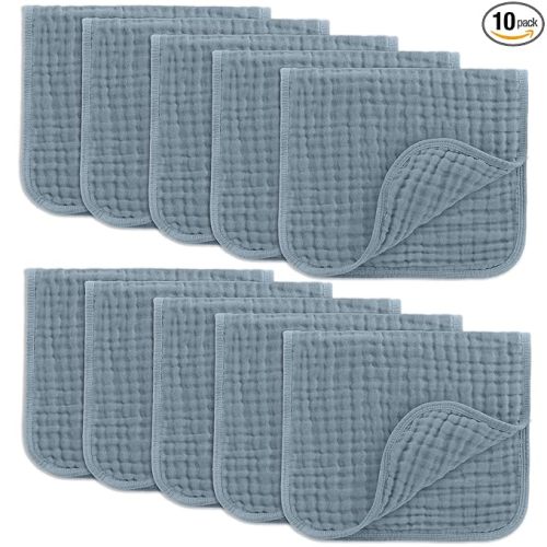 Comfy Cubs Muslin Burp Cloths 20" x 10", Pack of 10 - Large, 6-Layer, Ultra Absorbent 100% Cotton for Baby Drool and Messes - Soft, Safe & Gentle Baby Burp Cloths for Boys & Girls - Pacific Blue