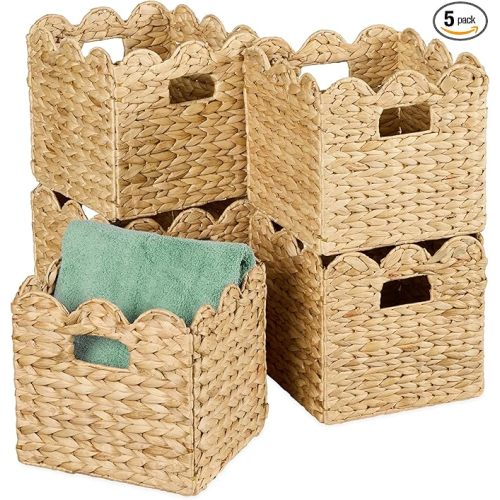 Best Choice Products 10.5x10.5in Scalloped Hyacinth Baskets, Set Of 5 Multipurpose Collapsible Storage Organizer, Handwoven Laundry Totes for Bedroom, Living Room, Shelves – Natural