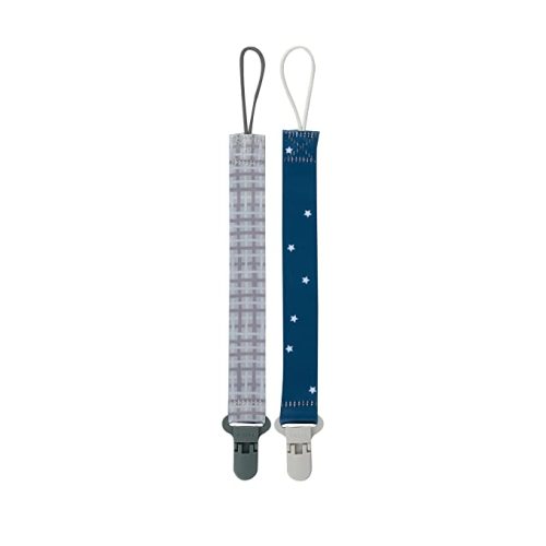 Nuby Pacifinder Baby Pacifier Clip - (2-Pack) - Pacifier Holder Clip with Convenient Hook Loop - Gray Plaid and Blue Stars