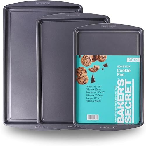 Baker's Secret Set of 3 Cookie Sheets, 15" 17" 19", Nonstick Coating for Easy Release, Cookie Trays for Baking Roasting Cooking, Dishwasher Safe DIY Home Baking Supplies
