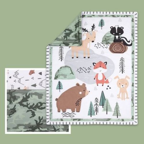 The Peanutshell Woodland Camo Baby Crib Bedding Set - Green/white - 3pc