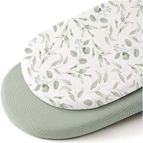 Konssy 2 Pack Muslin Fitted Bassinet Sheets for Baby Girl Boy, Soft Breathable Baby Bassinet Sheets Fit for Baby Bassinets, Cradle, Moses Basket Oval Rectangle Pad/Mattress (Green, Green Leaves)