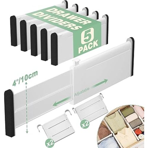 Adjustable Drawer Dividers With Inserts, 4'' High Expandable Drawer Organizers for Clothes, 5 Pack 12.6-22.8'' Long Dividers with 3.9-7.1'' Inserts, Drawer Separators for Socks/Tools