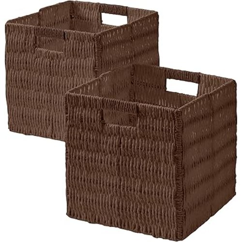 Ornavo Home Wicker Storage Cubes Bin, 10.5 Inch Shelf Basket Collapsible Natural Hand Woven Paper Cube Bin with Handles - Set of 2, Brown