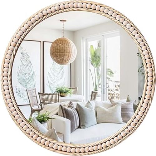 sawsile Gold Round Mirror,24" Rustic Farmhouse Circle Mirrors for Wall Decor,Gold Modern Metal Distressed Vanity Accent Beaded Mirror for Bathroom,Living Room,Washroom,Bedroom