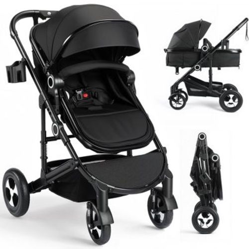 Kinder King Cozi 2 Convertible Baby Stroller, Folding High Landscape Infant Carriage, Adjustable Canopy, Diaper Bag, Anti-Shock, Black&Silver