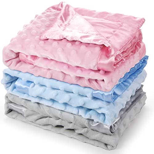 3 Pack Satin Baby Blanket with Silky Satin Backing Double Layer Soft Dotted Blanket 30 x 40 Inch for Baby Newborn, Toddler, Infant Gifts
