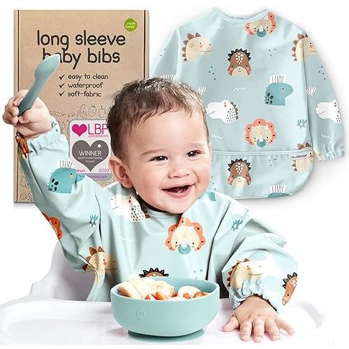 Baby Bibs for Eating - Waterproof Baby Eating Smock Bib - Long Sleeve Bib for Babies 6-12 Months