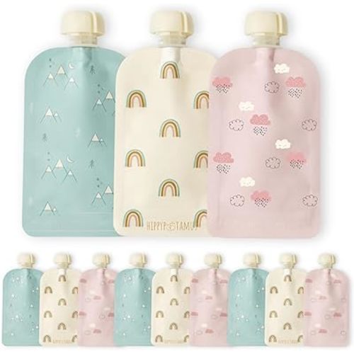 Hippypotamus Reusable Baby Food Pouches for Toddlers - BPA Free Food Grade - Dishwasher & Freezer Safe - Baby Food Containers - Refillable Squeeze Pouch For Applesauce & Yogurt - 12 Pack (Rainbows)