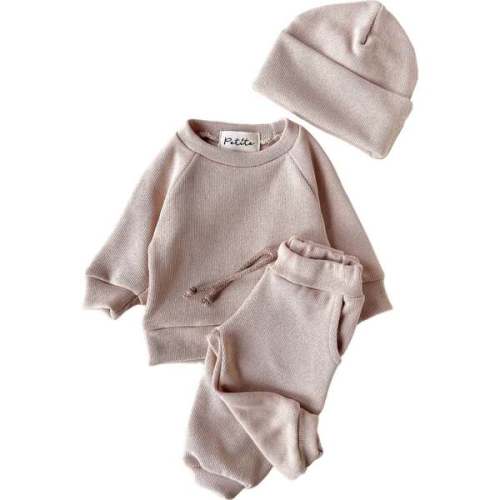 Knit Sweat Set with Beanie, Light Beige - Petite Evelina Apparel Mixed Apparel Set | Maisonette