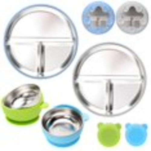 Stainless Steel Baby Plate and Bowls with Suction, Divided Kids Baby Plate and Toddler Bowl with Removable Silicone Suction, Non-Slip Baby Feeding Set Dishwasher Safe,4 Packs