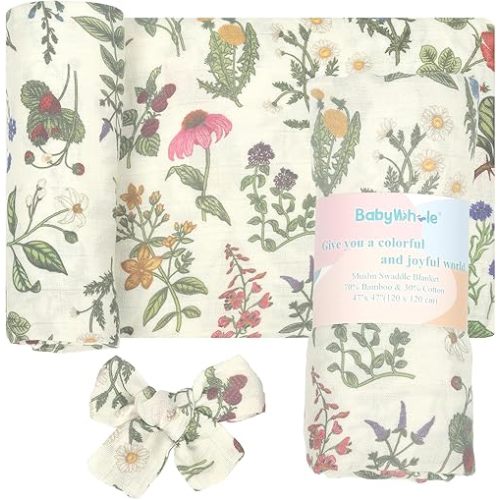 Baby Muslin Swaddle Blankets for Boys & Girls - Soft 47x47 Inch Newborn Swaddle Wrap Set with Headband Bow, Neutral Wildflower/Berry Print - 70% Bamboo Viscose & 30% Cotton