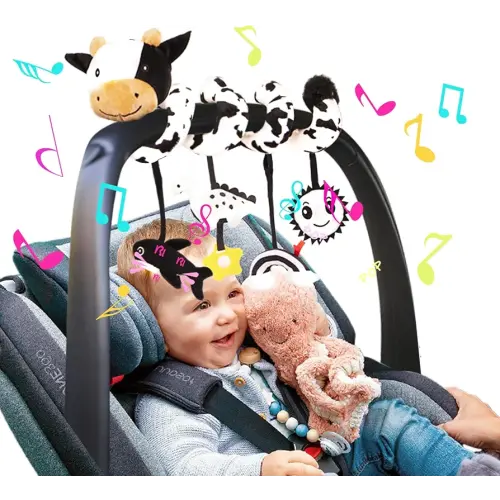 Stuffed Spiral Car Seat Toys, 0-6 Months Giraffe Stroller Activity Baby Infant Carseat Toys Hanging Including Dinosaur Rattles| Sun Mirror| Rainbow Cloud| Dolphin Bibi, Babies Gifts