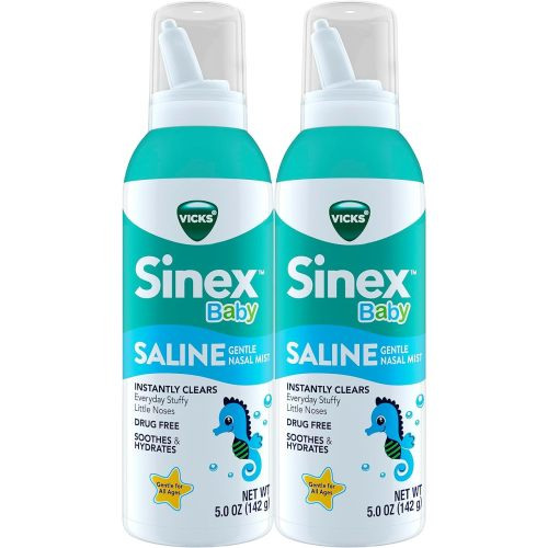 VICKS Sinex Baby Saline Nasal Spray, Drug Free Gentle Nasal Mist, Instantly Clears Everyday Stuffy Little Noses, Soothes & Hydrates, Safe For Daily Use, Gentle For All Ages, 5 OZ x 2