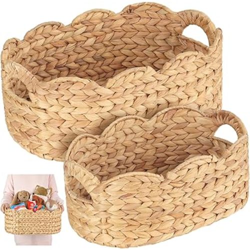 Scalloped Baskets (Natural-Set of 2), Storage Basket, Water Hyacinth Basket for Organizing and Decor, Hand-Woven Hyacinth Baskets with Built-In Handles for Living Room, Bedroom, Laundry, Pet toy,Food.