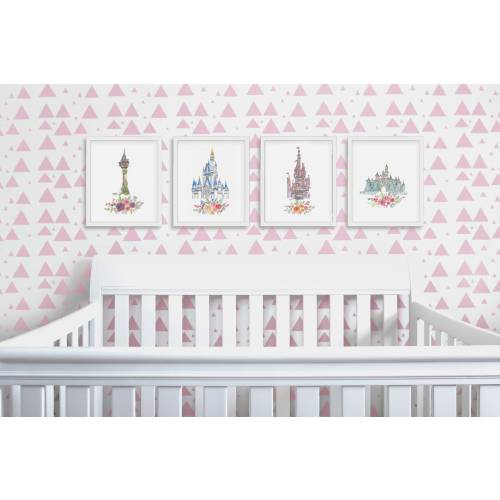 Princess Castle Art PRINT SET of 4, Cinderella Castle, Rapunzel, Beauty & Beast, Sleeping Beauty Castle, Jasmine Palace, Ariel