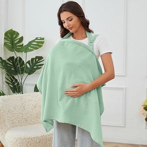 Muslin Nursing Cover for Baby Breastfeeding, Breathable 100% Cotton Breastfeeding Cover with Rigid Hoop for Mother Nursing Apron(Mint Green)