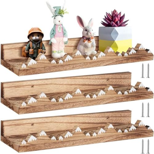 Wenqik 3 Pcs Snow Mountain Floating Shelves Wood Nursery Book Shelves Wall Mounted Rustic Floating Ledge for Kids Room(Light Brown)