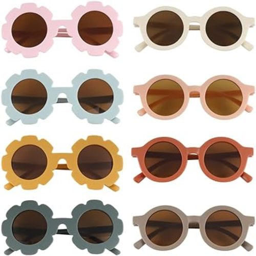 DragonflyDreams Sunglasses for Kids, 8 Pairs Flower Sunglasses Cute Round Sunglasses Colorful Kids Fashion Sunglasses Uv 400 Protection Flexible Frame for Toddler Girls Boys Beach Party