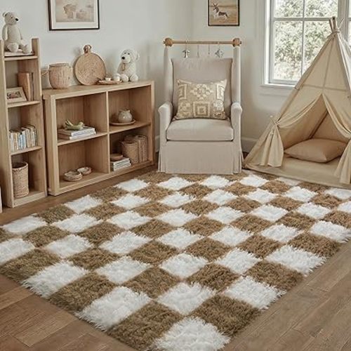 Checkered Rug 4x6 for Living Room, Beige and White Modern Shag Rug Super Soft Washable Fluffy Rugs Indoor Fuzzy Carpet for Bedroom Home Dorm Aesthetic Decor